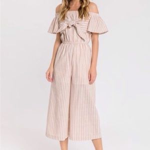 English Factory Striped Off Shoulder Bow Front Wide Leg Jumpsuit